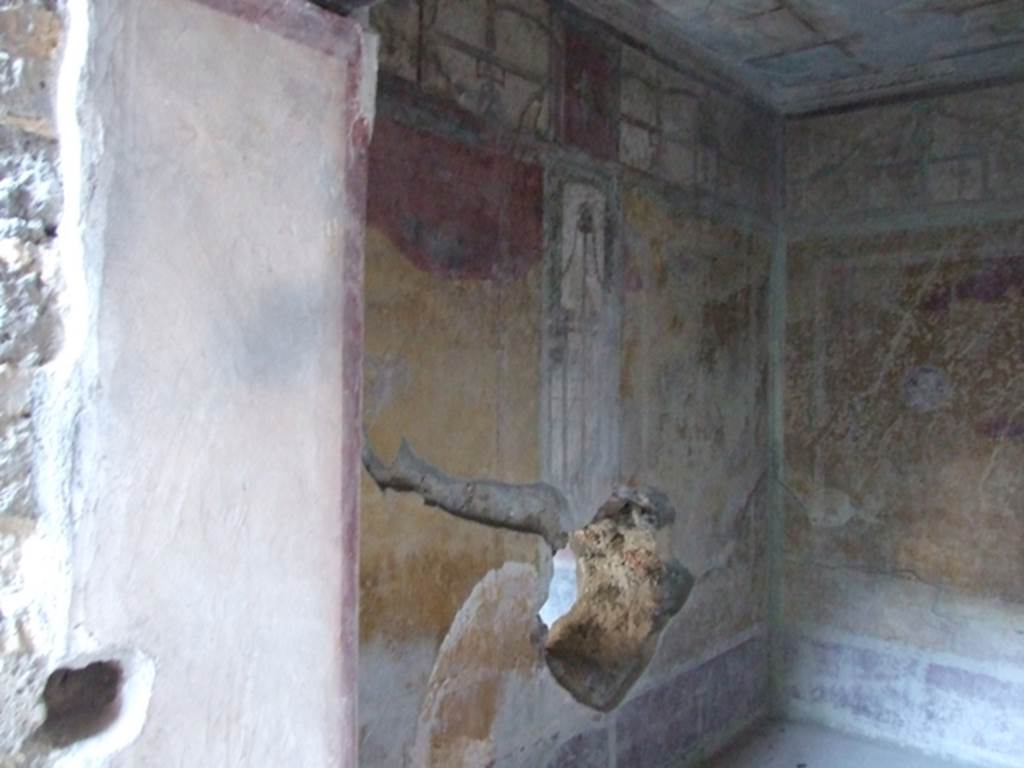 I.10.11 Pompeii. March 2009. Room 13, north wall of cubiculum, with evidence of burning of painted plaster during eruption.  See Allison, P.M., 2004.  Pompeian Households: An analysis of the material culture.  Los Angeles: UCLA Cotsen Institute. (P.22: F2.8).