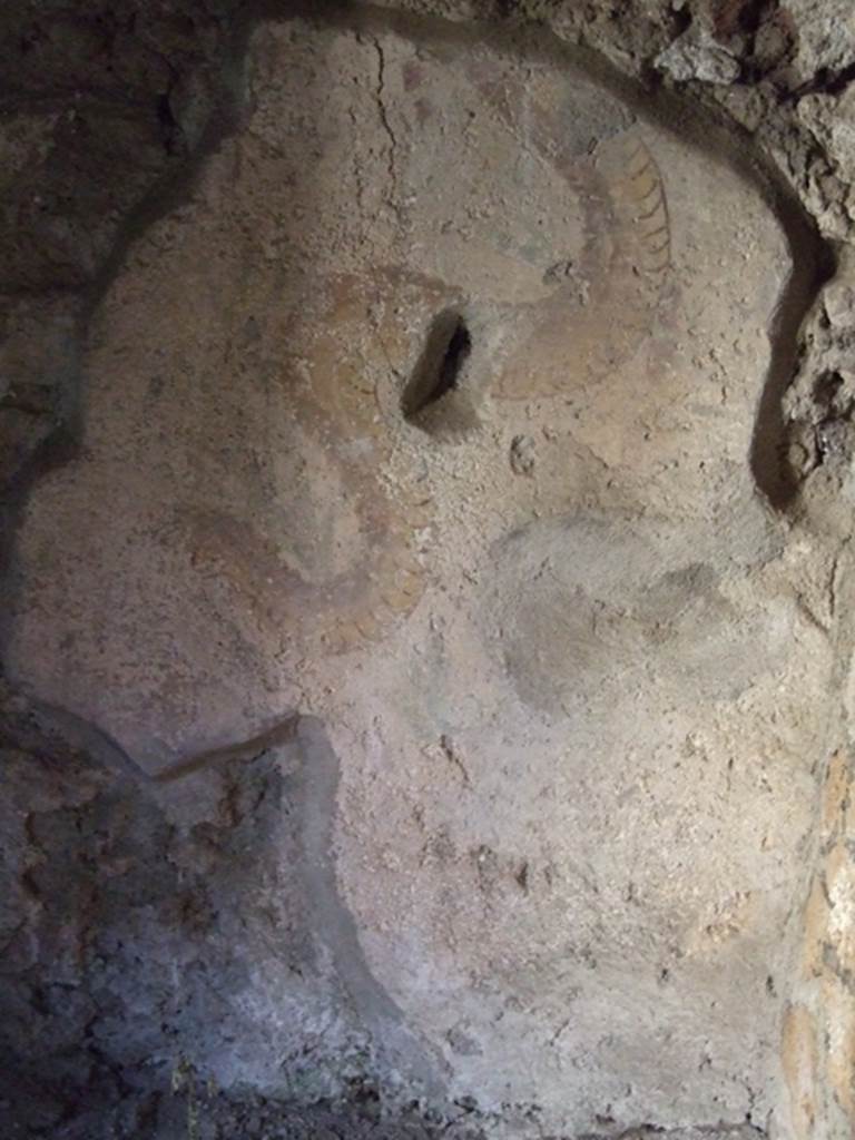I.10.11 Pompeii. March 2009. Room 15, remains of painted serpent from lararium painting on east wall of kitchen.  According to Boyce, on the wall below the niche were two brown and yellow painted serpents. They approached a painted altar of imitation red and yellow marble, one from either side. Plants with red flowers formed the background. See Boyce G. K., 1937. Corpus of the Lararia of Pompeii. Rome: MAAR 14. (p.29, no.59 and Pl.10, 2).