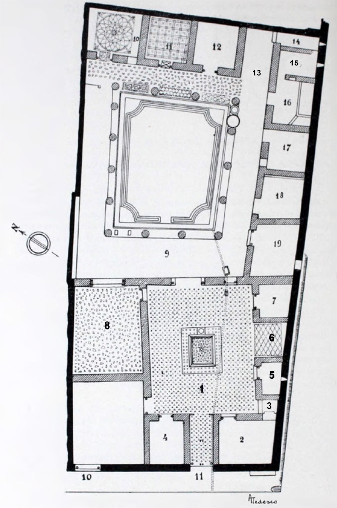 I.10.11 Pompeii. Plan, showing the various floorings of the rooms, not necessarily visible when we took our photos.
Some of our room numbers are also different from this early plan.
See Notizie degli Scavi, 1934, (p. 322).
For details of “finds” from this house, (including I.10.10),
See Allison, P.M. (2006). The Insula of the Menander at Pompeii: Vol. III The finds, Clarendon Press, Oxford, (p.232-246 & p.358-365, & Suppl. p.284-5).
See also the Online Companion with details and photos of the finds