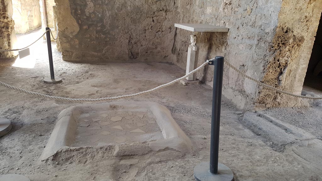 I.10.16 Pompeii. August 2023. 
Looking south across impluvium in atrium towards south wall, and doorway leading towards I.10.14, I.10.13 and I.10.4.
Photo courtesy of Maribel Velasco.
