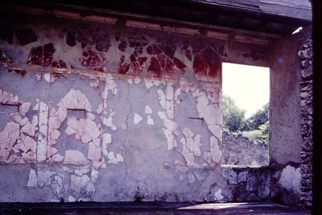 I.10.18 Pompeii. 1980 or 1983. East wall with window in room on upper floor.  
The zoccolo was black and sprinkled with red, the middle zone had red panels separated by narrow black compartments, containing small paintings (removed), and the upper zone of the wall was red.
Source: The Wilhelmina and Stanley A. Jashemski archive in the University of Maryland Library, Special Collections (See collection page) and made available under the Creative Commons Attribution-Non Commercial License v.4. See Licence and use details. J80f0561