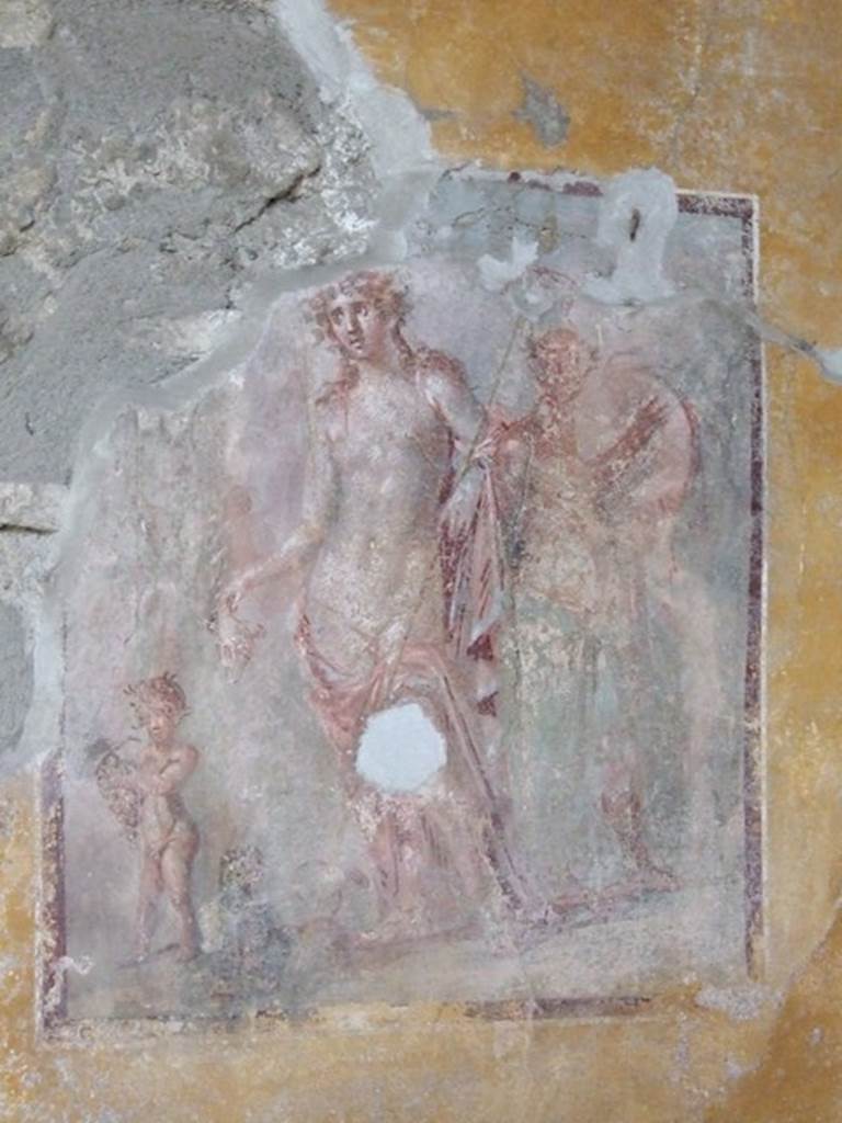 I.11.6 Pompeii. March 2009. Room 5, south wall of tablinum. 
Wall painting of Dionysus with Silenus, tambourine and satyr..
See Bragantini, de Vos, Badoni, 1981. Pitture e Pavimenti di Pompei, Parte 1. Rome: ICCD. (p.153).
Kuivalainen describes –
A composition of two adult figures and a child.
In the middle stands a youth with his weight of his right foot; he wears a red cloak with blue edgings, covering his thighs and wrapping around to the left elbow; his curly hair with a wreath is parted in the middle and falls to his shoulders; he looks into the distance; in his left arm he holds a thyrsus with ribbons and pine cone on the top, while in the right hand he holds a cantharus, from which he pours wine onto a sitting panther. In front of the youth, to the left, stands a small naked satyr with a pine wreath on his head., holding a bunch of grapes in both hands. Behind the youth, on the right, stands a Silenus wearing a light blue cloak covering his legs; he strikes the tambourine with his right hand, supporting it with his left, against his shoulder.
Kuivalainen comments –
A nonchalant Bacchus accompanied by a musician Silenus and a mini thiasus. The small satyr may be Comus.
See Kuivalainen, I., 2021. The Portrayal of Pompeian Bacchus. Commentationes Humanarum Litterarum 140. Helsinki: Finnish Society of Sciences and Letters, (F9, p.165).