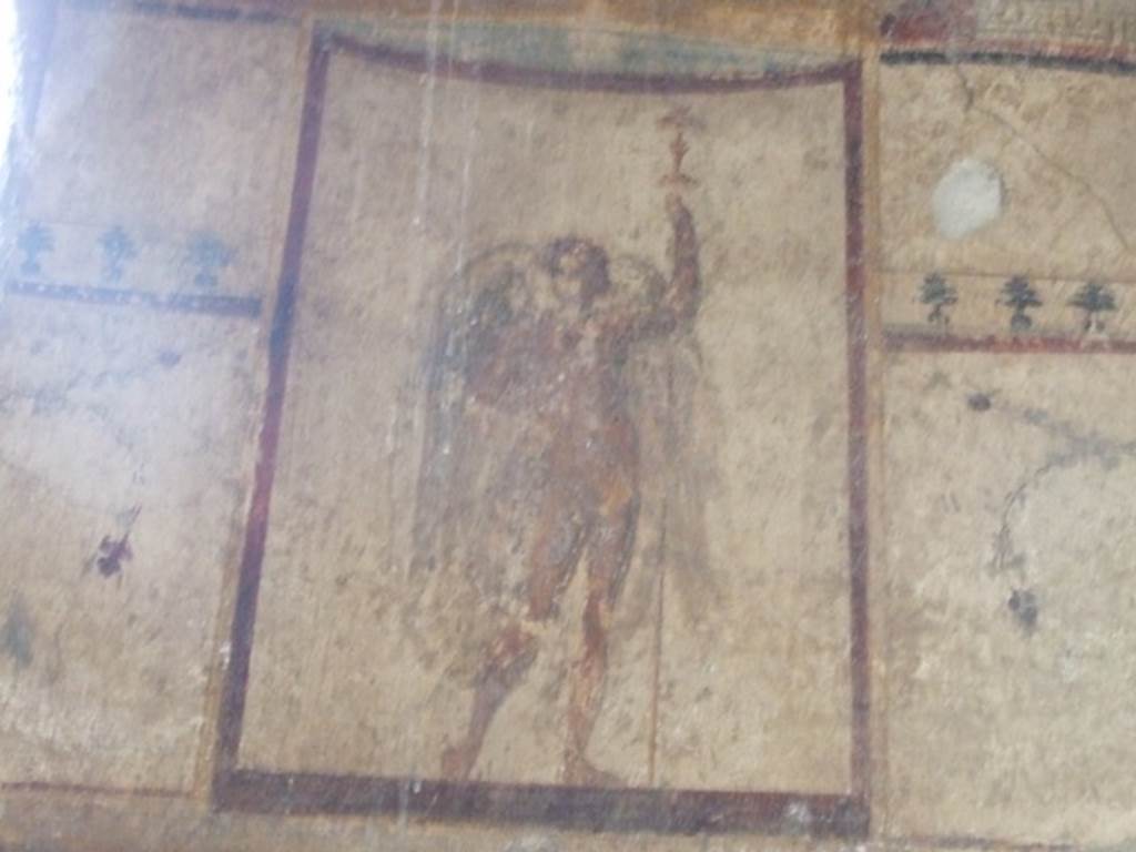 I.11.6 Pompeii. March 2009. Room 7, east wall of triclinium with central figure of Hymenaeus with torch in left hand, above painting of Acteon and Artemis.