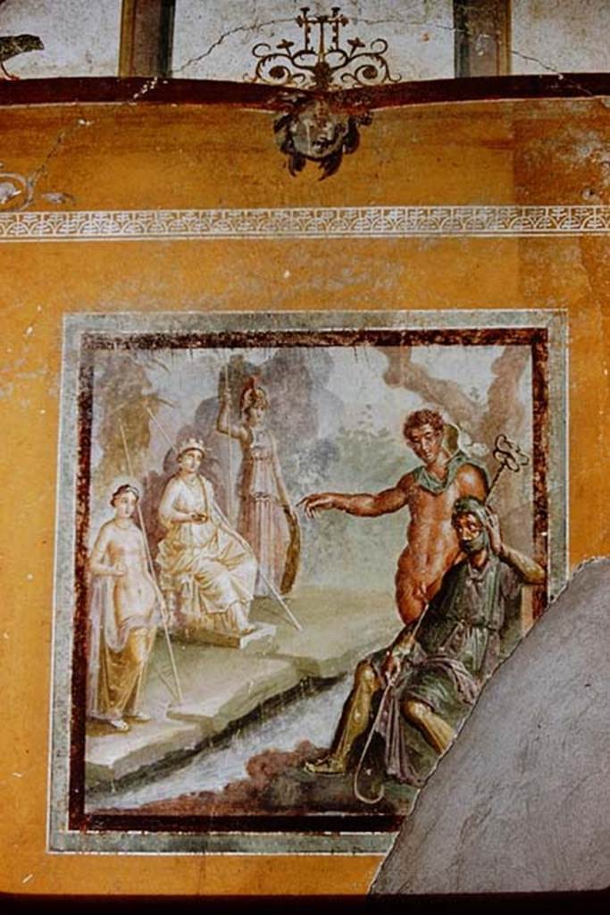 I.11.6 Pompeii. 1959. Room 7, wall painting of the Judgement of Paris, from north wall of triclinium.  Photo by Stanley A. Jashemski.
Source: The Wilhelmina and Stanley A. Jashemski archive in the University of Maryland Library, Special Collections (See collection page) and made available under the Creative Commons Attribution-Non Commercial License v.4. See Licence and use details.
J59f0488