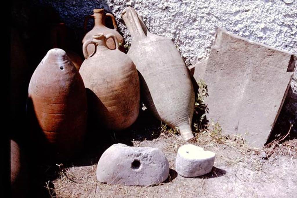 I.11.10 Pompeii. 1964. Pots and amphorae. Photo by Stanley A. Jashemski.
Source: The Wilhelmina and Stanley A. Jashemski archive in the University of Maryland Library, Special Collections (See collection page) and made available under the Creative Commons Attribution-Non Commercial License v.4. See Licence and use details.
J64f1856