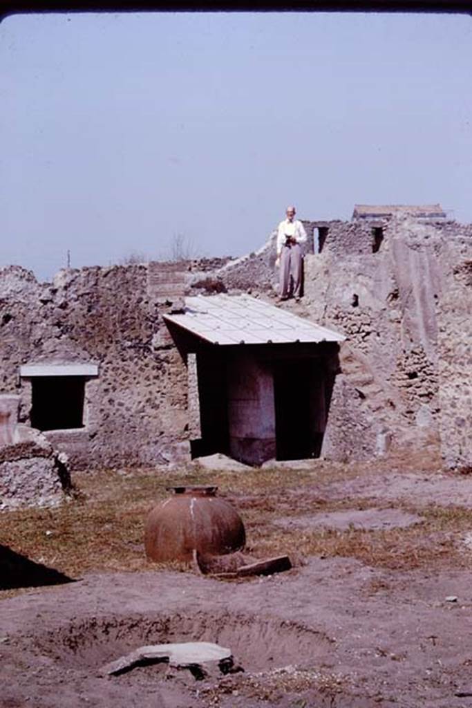I.11.10 Pompeii. 1964. Stanley being photographed at the top of the stairs. A plaster-cast of a large tree root can be seen in the lower part of the photo. Photo by Stanley A. Jashemski.
Source: The Wilhelmina and Stanley A. Jashemski archive in the University of Maryland Library, Special Collections (See collection page) and made available under the Creative Commons Attribution-Non Commercial License v.4. See Licence and use details.
J64f1909