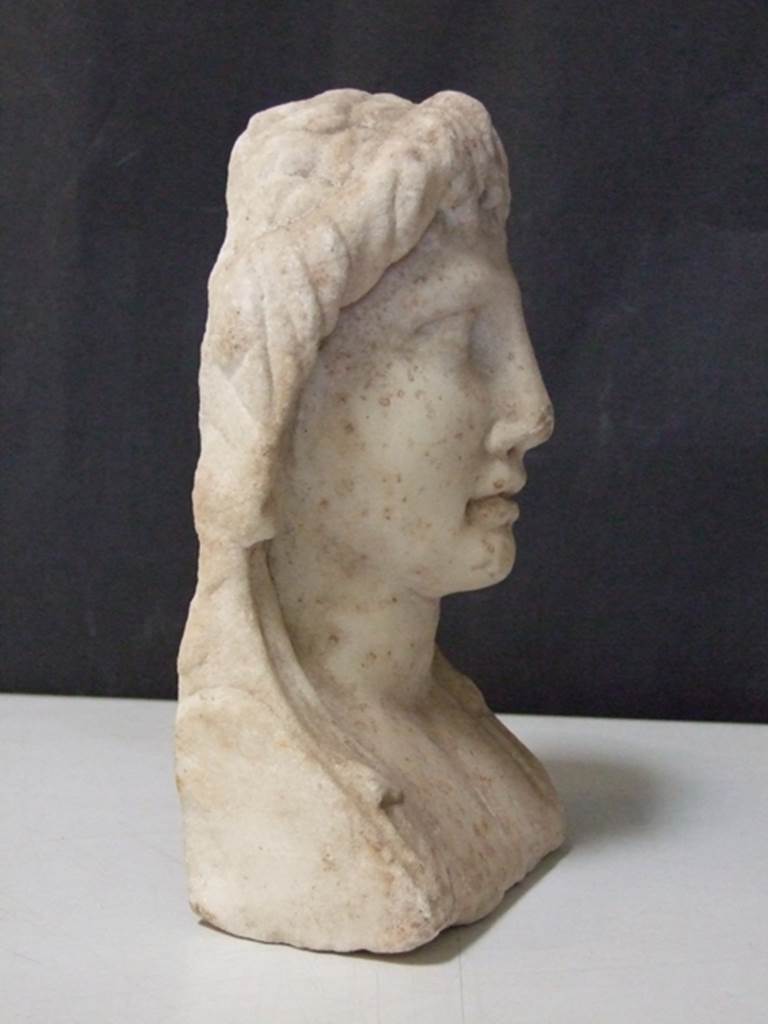 I.11.12 Pompeii. March 2009.  White marble Female Herm.  Found in a cavity in the South wall near the Aedicula Niche in 1958.  SAP inventory number: 12166.
