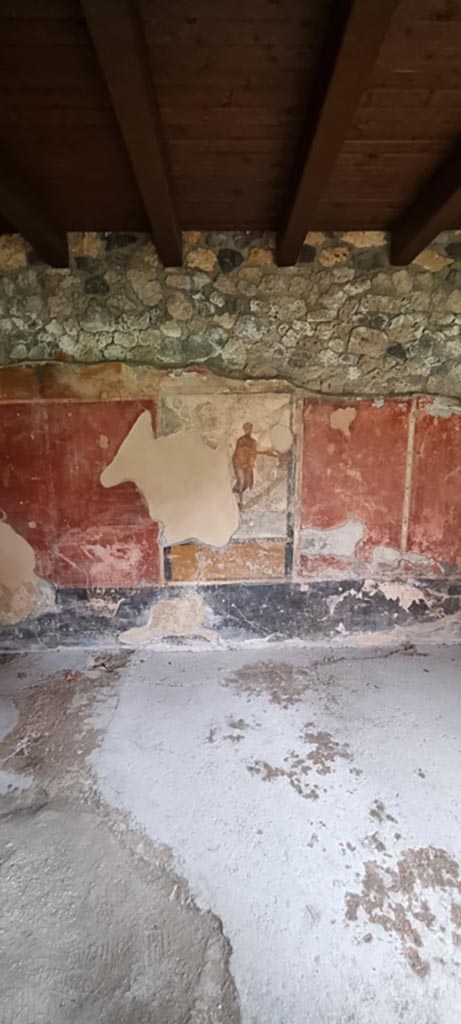 I.11.15 Pompeii. January 2023. 
Room 13, centre of south wall with remains of the painting of Ariadne abandoned by Theseus.
Photo courtesy of Miriam Colomer.