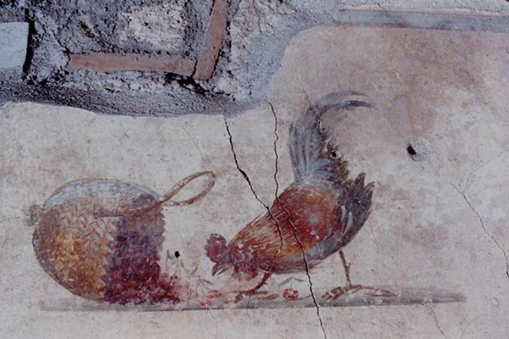 I.12.3 Pompeii. 1968. Room 2, upper east end of north wall. Painting of a cock picking cherries from a fallen basket. Photo by Stanley A. Jashemski.
Source: The Wilhelmina and Stanley A. Jashemski archive in the University of Maryland Library, Special Collections (See collection page) and made available under the Creative Commons Attribution-Non Commercial License v.4. See Licence and use details.
J68f0751