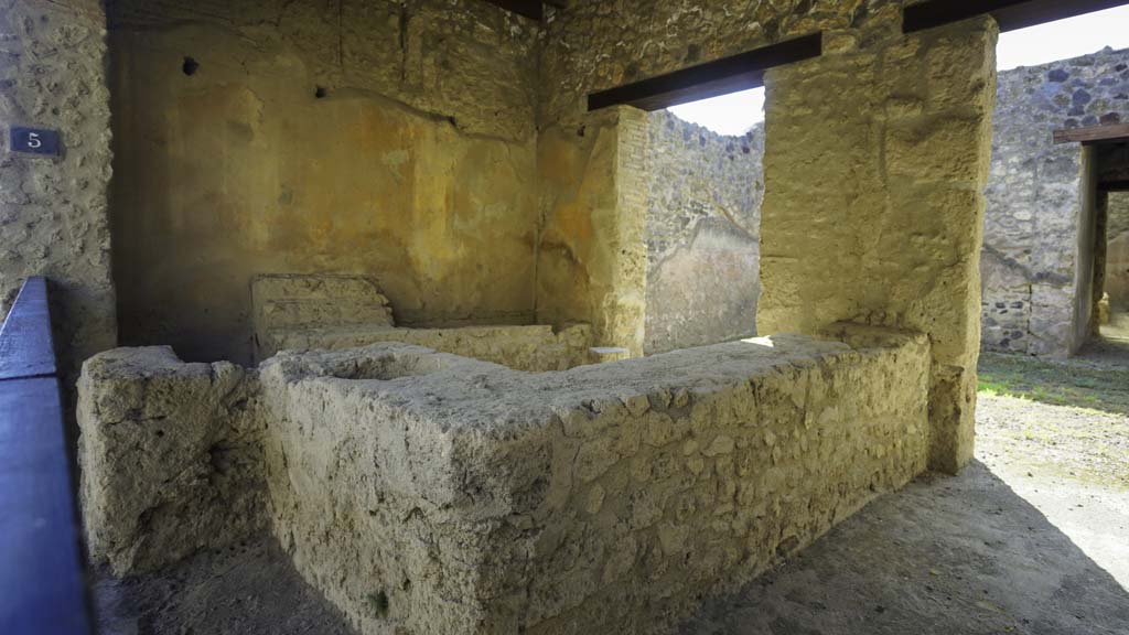 I.12.5 Pompeii. August 2021. 
Looking towards east wall, and counter with shelving for displaying drinking vessels. Photo courtesy of Robert Hanson.