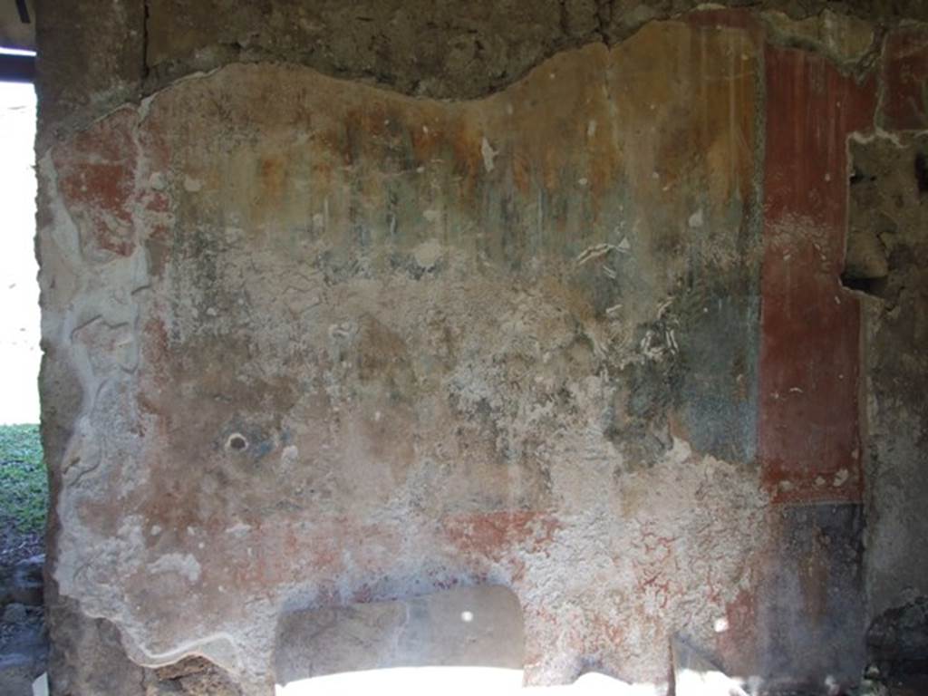 I.12.8 Pompeii. March 2009. Room 9, east side of north wall with remains of garden painting.  According to Curtis, when excavated the panel on the right had a brilliantly coloured painted peacock, in its lower left corner. Unfortunately, this has now deteriorated and disappeared. According to Jashemski, she could also make out four songbirds among the ivy, oleanders and myrtles in the painting on the right. These were painted on a yellow-orange background. Two partly preserved strutting peacocks faced each other in the lower left and right of this panel. There was also a large bird perched at the bottom near the centre of the painting. Garlands of myrtle framed the top and sides of each panel.
There was a wide red border at the top, bottom and sides. See Jashemski, W. F., 1993. The Gardens of Pompeii, Volume II: Appendices. New York: Caratzas, (p.326 and fig.378)