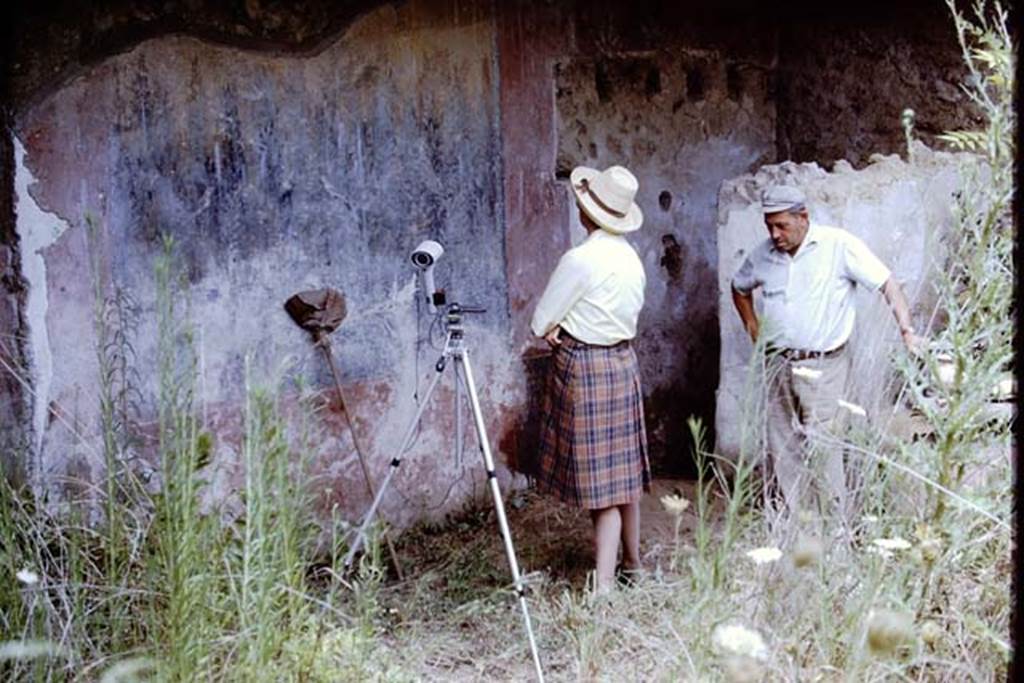 I.12.8 Pompeii. 1968. Room 9, east side of north wall with garden painting, looking towards latrine in north-east corner.  Photo by Stanley A. Jashemski.
Source: The Wilhelmina and Stanley A. Jashemski archive in the University of Maryland Library, Special Collections (See collection page) and made available under the Creative Commons Attribution-Non Commercial License v.4. See Licence and use details.
J68f1272