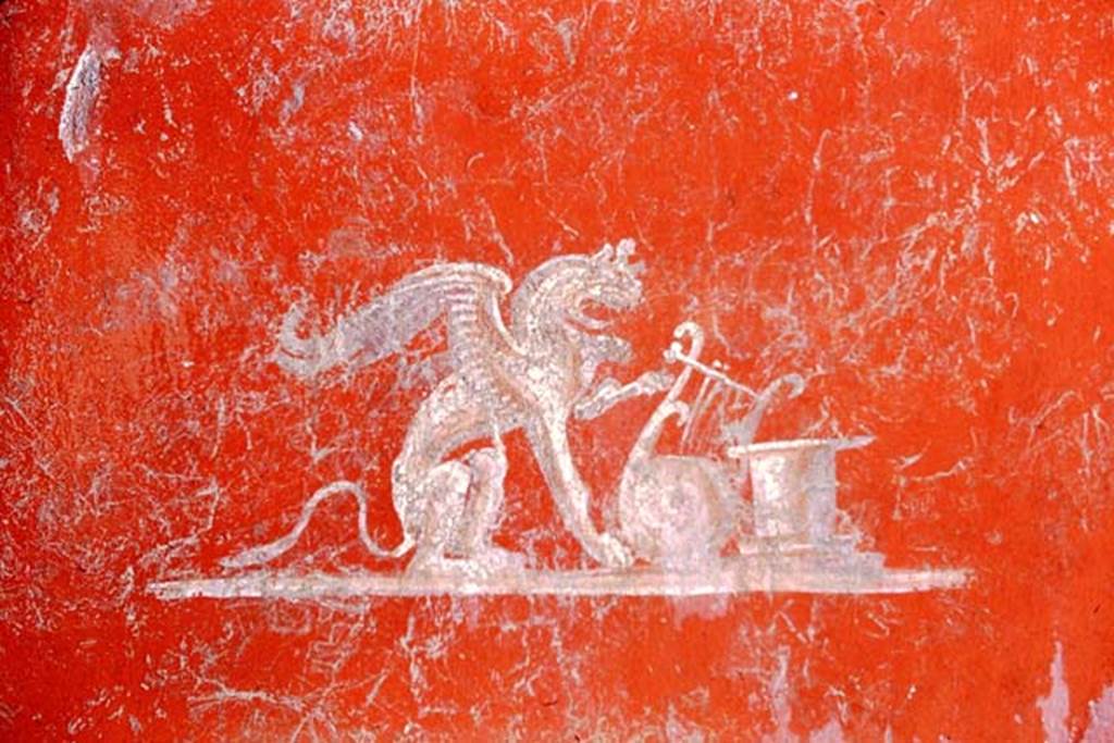 I.12.11 Pompeii. 1968. 
Painted panel from east end of south wall of triclinium on the west side of the tablinum area. Photo by Stanley A. Jashemski.
Source: The Wilhelmina and Stanley A. Jashemski archive in the University of Maryland Library, Special Collections (See collection page) and made available under the Creative Commons Attribution-Non-Commercial License v.4. See Licence and use details.
J68f1258