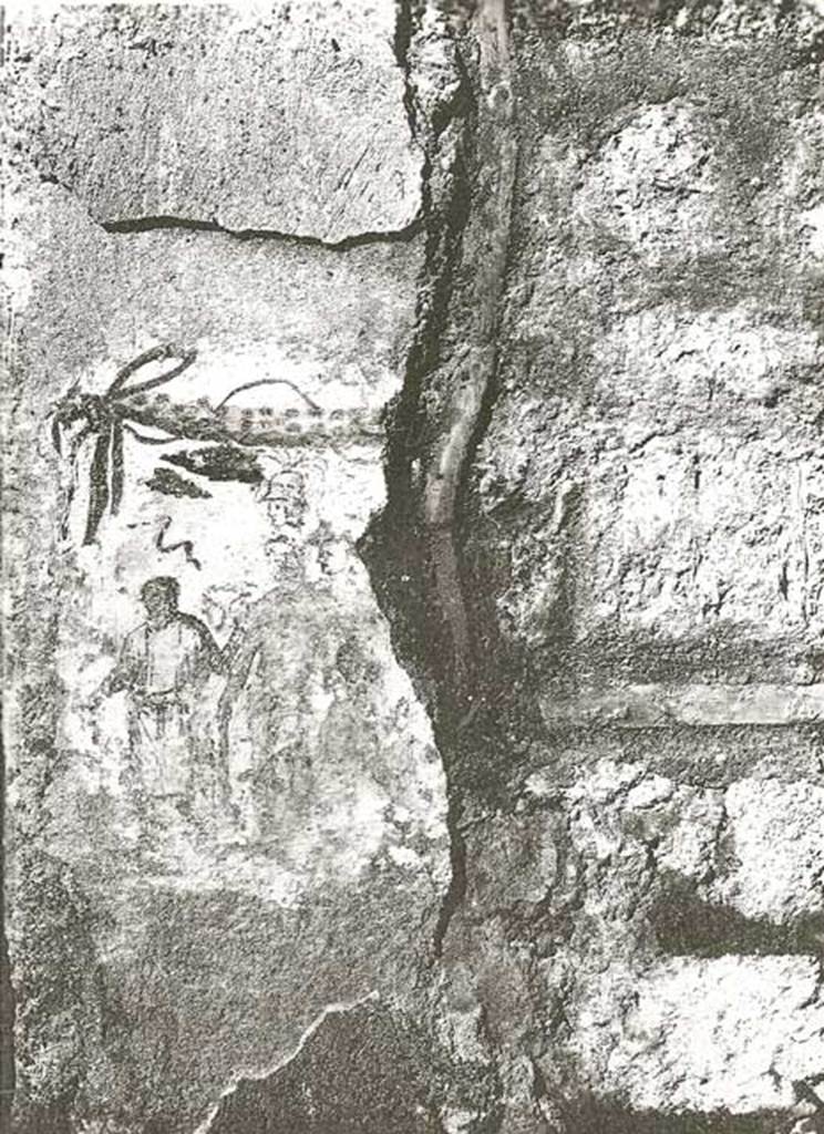 I.12.11 Pompeii. 1962. East of entrance doorway on Via di Castricio. Lararium painting of Hercules and possibly Minerva to right of entrance. See Fröhlich, T., 1991. Lararien und Fassadenbilder in den Vesuvstädten. Mainz: von Zabern. (F12, p.311). See Bragantini, de Vos, Badoni, 1981. Pitture e Pavimenti di Pompei, Parte 1. Rome: ICCD.  (p.176). Photograph courtesy of Soprintendenza Speciale per i Beni Archeologici di Napoli e Pompei.