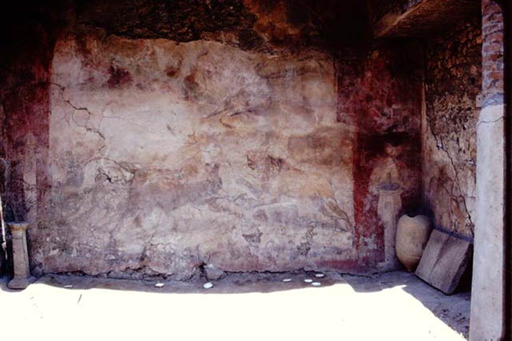 I.12.11 Pompeii. 1975. Looking towards the north wall with animal painting, and north-east corner. Photo by Stanley A. Jashemski.   
Source: The Wilhelmina and Stanley A. Jashemski archive in the University of Maryland Library, Special Collections (See collection page) and made available under the Creative Commons Attribution-Non Commercial License v.4. See Licence and use details.J75f0385