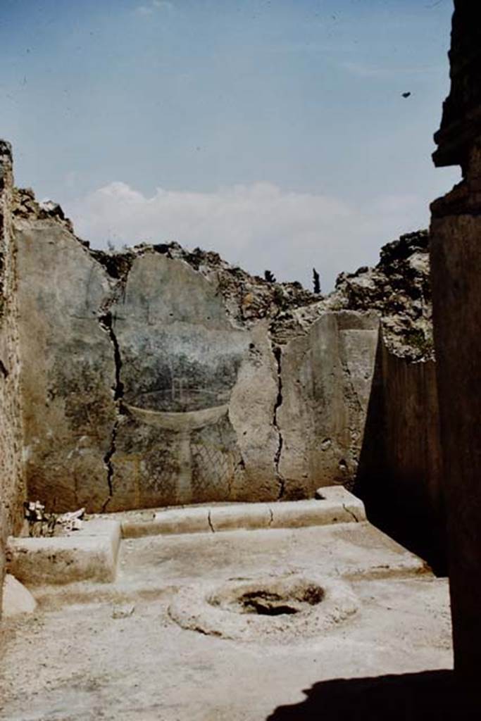 I.12.16 Pompeii.  1961. East wall with garden painting, cement kerb perhaps enclosing a strip of soil, and in front a small courtyard with the cistern opening.  Photo by Stanley A. Jashemski.
Source: The Wilhelmina and Stanley A. Jashemski archive in the University of Maryland Library, Special Collections (See collection page) and made available under the Creative Commons Attribution-Non Commercial License v.4. See Licence and use details.
J61f0235