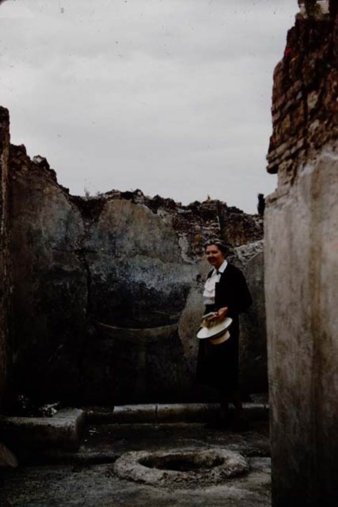 I.12.16 Pompeii. 1961. Wilhelmina in “her” garden.   According to Jashemski, she liked this house so much that the workmen called it the “casa Jashemski” and thereafter referred to it in that way. Photo by Stanley A. Jashemski.
Source: The Wilhelmina and Stanley A. Jashemski archive in the University of Maryland Library, Special Collections (See collection page) and made available under the Creative Commons Attribution-Non Commercial License v.4. See Licence and use details.
J61f0267