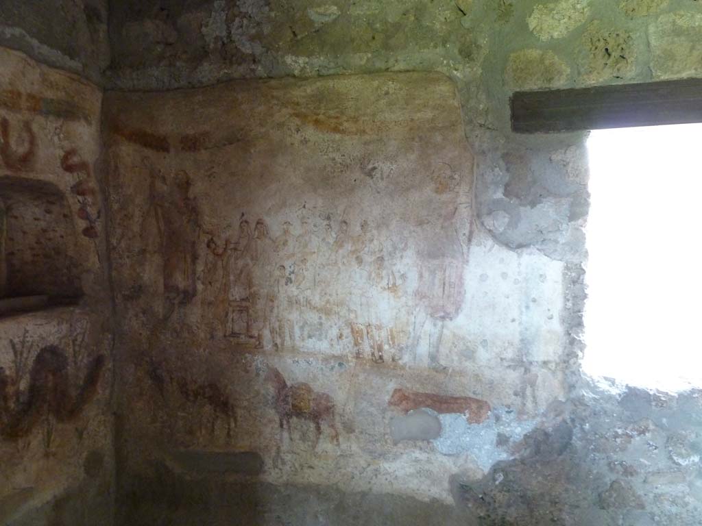 I.13.2 Pompeii. May 2010. Kitchen, east wall. 
See Fröhlich, T., 1991. Lararien und Fassadenbilder in den Vesuvstädten. Mainz: von Zabern. (L29, T.28,1 and 28,2)