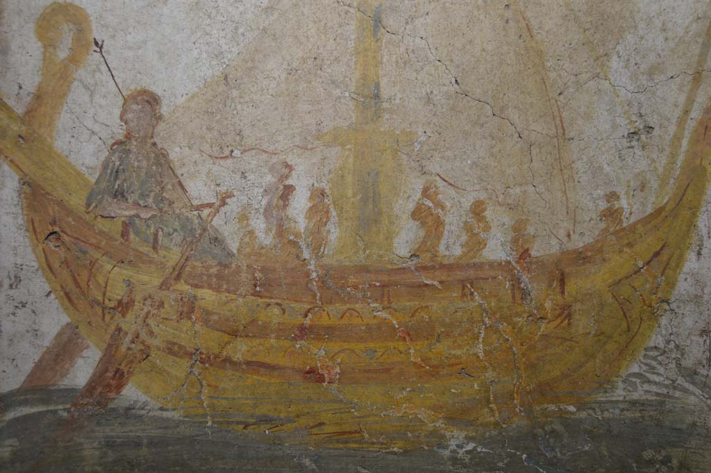 I.13.9 Pompeii. March 2019. 
Detail from wall painting from exterior wall on south side of the entrance, showing Venus on a boat.    
Foto Taylor Lauritsen, ERC Grant 681269 DÉCOR.