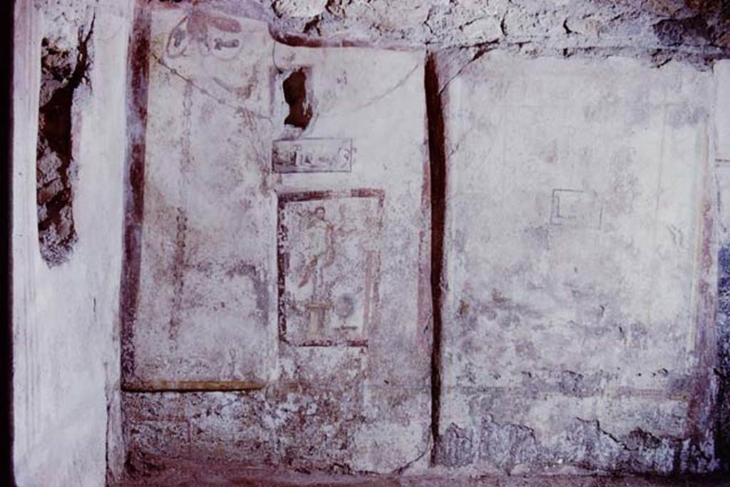 I.13.16 Pompeii. 1972. Summer triclinium. North wall with painting of Venus, and small painted panel.  Above the painting was a brown painted niche.  Photo by Stanley A. Jashemski. 
Source: The Wilhelmina and Stanley A. Jashemski archive in the University of Maryland Library, Special Collections (See collection page) and made available under the Creative Commons Attribution-Non Commercial License v.4. See Licence and use details. J72f0386