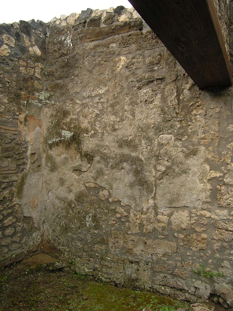 I.14.2 Pompeii. July 2008. Room F, west wall with traces of painting and floor in corner. 
Photo courtesy of Guilhem Chapelin.