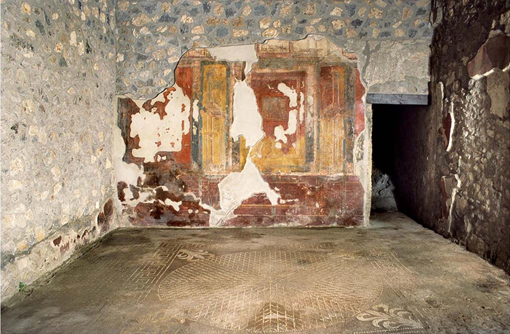 I.14.2 Pompeii. Room H, east wall and mosaic floor. Fig. 161 Oecus H, vue ouest / est (© CNRS-CCJ, Christine Durand).
Voir Chapitre 2 : L’atelier de fabrication de nattes de la via di Nocera (I 14, 2) in Magali Cullin-Mingaud, 2010. La vannerie dans l'Antiquité romaine: Collection du Centre Jean Bérard 35. Paris. Centre Jean Berard, p. 129-171, fig. 161.
https://books.openedition.org/pcjb/706  
According to Nappo, the floor of the wide room 4.80m x 4.60m consists of a very particular cocciopesto with decoration outlined in white tiles: a wide fillet band with regular dots encloses a square carpet with an edge consisting of meanders alternating with squares with centre point. The field encloses a rosette of diamonds clearly divided in four parts, in correspondence with the lanceolate tip of the palmettes placed in the corner at the plumes.
Il pavimento dell'ambiente ampio m 4,80 x 4,60 è costituito da un particolarissimo cocciopesto con ornato delineato in tessere bianche: un'ampia fascia di raccordo con punteggiato regolare racchiude un tappeto quadrato con bordo costituito da meandri alternati a quadrati con punto centrale. Il campo racchiude un rosone di rombi chiaramente suddiviso in 4/ 4 in corrispondenza della punta lanceolata delle palmette sistemate negli angoli in corrispondenza dei pennacchi.
See Nappo S. C., 2000. Nuovi pavimenti in cocciopesto con decorazione geometrica da recenti scavi nella Regio I di Pompei. AISCOM VII, 2000, p. 344-5, fig. 1.