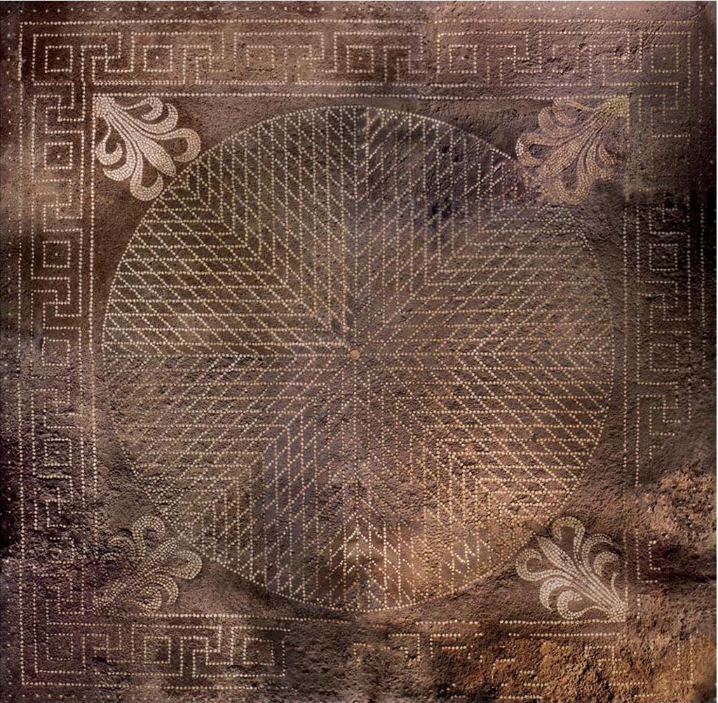 I.14.2 Pompeii. Room H, mosaic floor. Fig. 170 — Pavement mosaïqué de l’œcus (© CNRS-CCJ, Christine Durand). 
As shown by the overlap of the wall plaster on the floor, the mural paintings of the oecus were put in place after the installation of the pavement. 
This one, in opus signinum inlaid with white tesserae, is in a very good state of conservation. 
The outer band is decorated with a regular seeding of white tesserae. 
The central carpet (2,795m x 2,79 m) has a meander band of swastikas and squares. 
The meander borders a square panel decorated with a "diamond shield" developing around a white ring; in each corner is a palmette.
This type of pavement is common in Pompeii, where several examples have been found. It is generally dated from the 2nd century BC.
Voir Chapitre 2 : L’atelier de fabrication de nattes de la via di Nocera (I 14, 2) in Magali Cullin-Mingaud, 2010. La vannerie dans l'Antiquité romaine: Collection du Centre Jean Bérard 35. Paris. Centre Jean Berard, p. 129-171, fig. 170.
https://books.openedition.org/pcjb/706