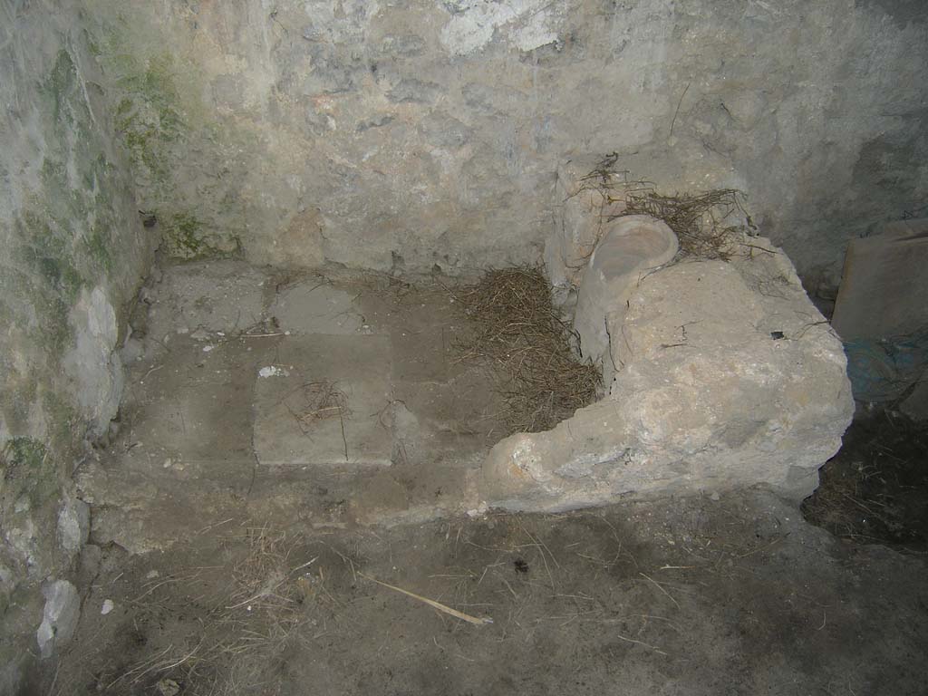 I.14.2 Pompeii. July 2008. Room J, latrine in north-east corner. Photo courtesy of Guilhem Chapelin. 
According to Hobson,
“This latrine takes a little understanding. Here an amphora has been built into the space between the pedestals.
The tiled floor slopes towards a small opening at the base of the amphora. 
Was this done to reduce the contamination of the tiles and so that less water would be required to cleanse them ?”
See Hobson, B., 2009. Latrinae et foricae: Toilets in the Roman World. London; Duckworth. (p.53, fig.70).