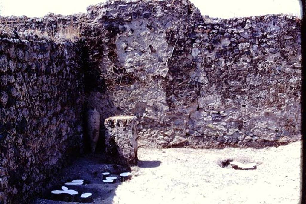 I.14.2 or I.20.5 Pompeii. 1974. Painted discs identifying root cavities near south-west corner, and masonry altar made from a large limestone block. In the corner, at the rear of the altar, the amphora is leaning against the wall. Photo by Stanley A. Jashemski.   
Source: The Wilhelmina and Stanley A. Jashemski archive in the University of Maryland Library, Special Collections (See collection page) and made available under the Creative Commons Attribution-Non Commercial License v.4. See Licence and use details. J74f0715
According to Wilhelmina, “The large limestone block erected at the rear of the garden probably served as a rustic altar. There was great excitement when we found a few coins nearby, then a buried amphora with its mouth carefully closed with a stone.”
See Jashemski, W.F., 2014. Discovering the Gardens of Pompeii: Memoirs of a Garden Archaeologist, (p.193)