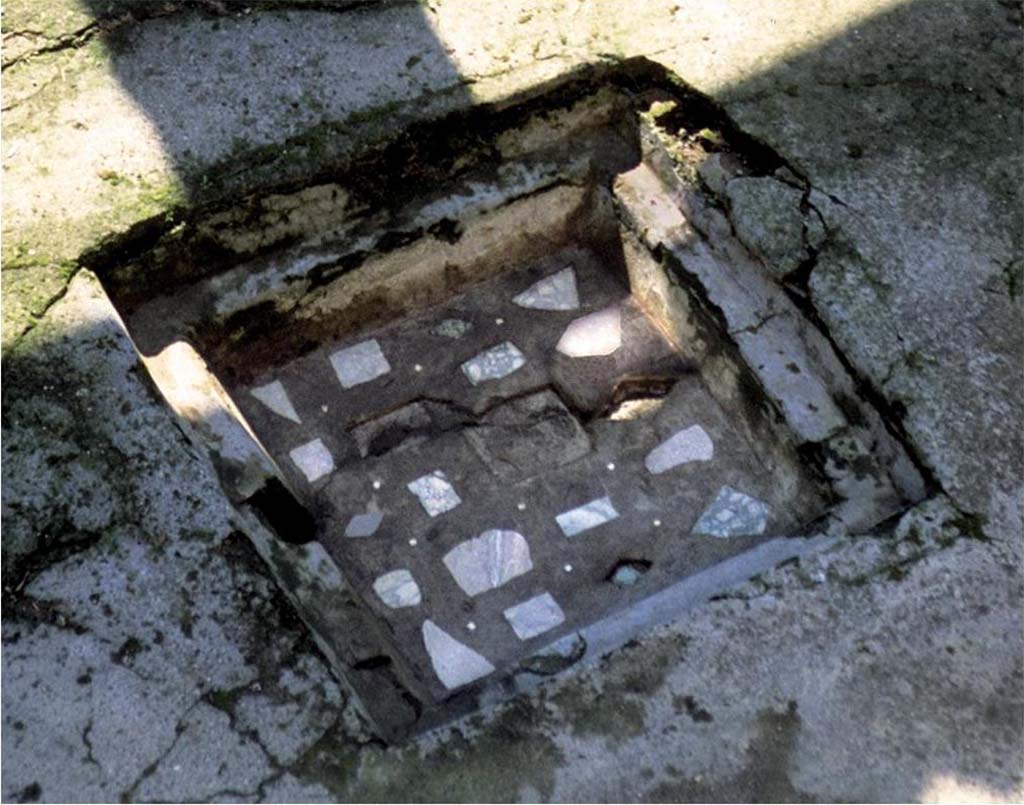 I.14.2 Pompeii. Impluvium with marble insert decoration.
Fig. 151 — Décor de l’impluuium (photographie de Magali Cullin-Mingaud).
Voir Chapitre 2 : L’atelier de fabrication de nattes de la via di Nocera (I 14, 2) in Magali Cullin-Mingaud, 2010. La vannerie dans l'Antiquité romaine: Collection du Centre Jean Bérard 35. Paris. Centre Jean Berard, p. 129-171, fig. 151.
https://books.openedition.org/pcjb/706