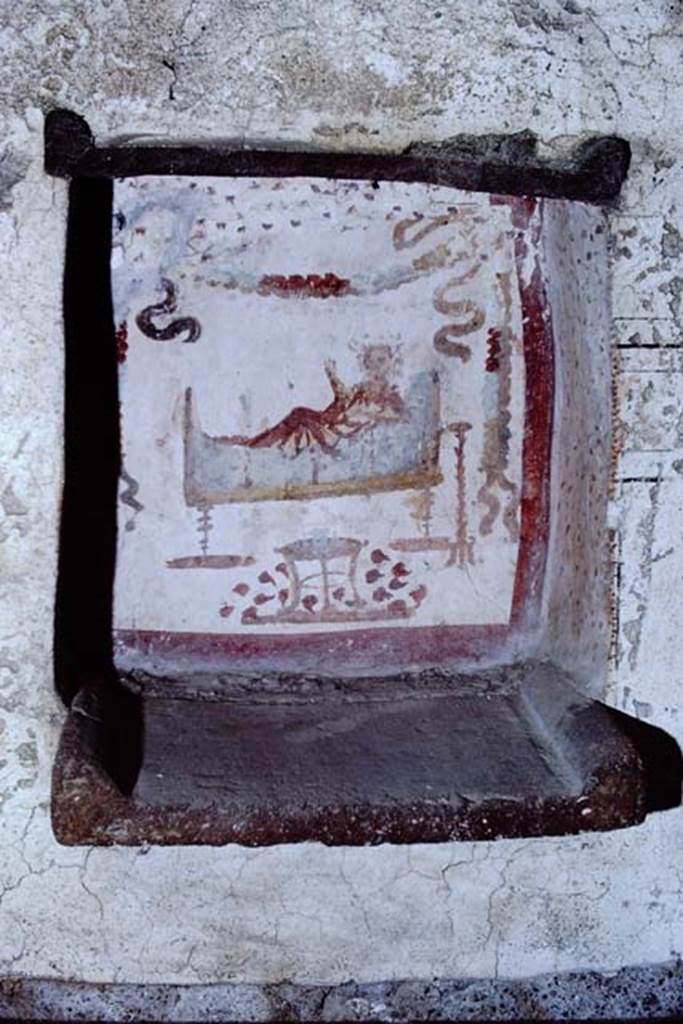 I.14.7 Pompeii. 1966. Niche lararium from west wall of garden area. Photo by Stanley A. Jashemski.
Source: The Wilhelmina and Stanley A. Jashemski archive in the University of Maryland Library, Special Collections (See collection page) and made available under the Creative Commons Attribution-Non Commercial License v.4. See Licence and use details.
J66f0490