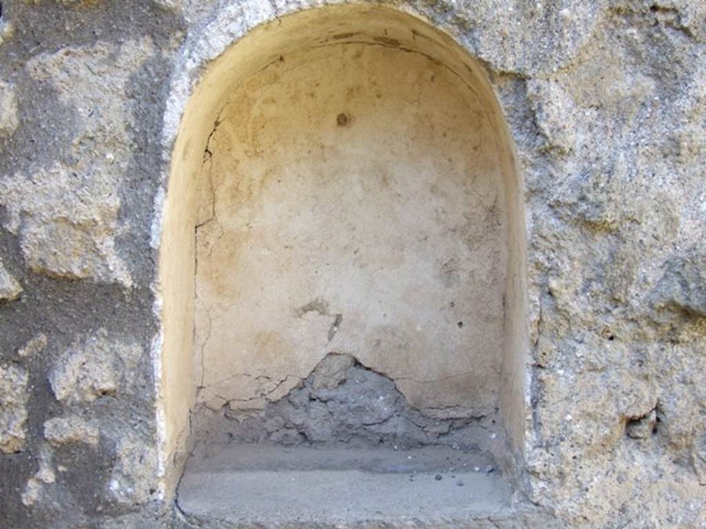 I.14.7 Pompeii. March 2009. Windowed triclinium, arched niche on west wall. According to Giacobello, this arched niche was painted with white stucco. See Giacobello, F., 2008. Larari Pompeiani: Iconografia e culto dei Lari in ambito domestico.  Milano: LED Edizioni. (p.289)