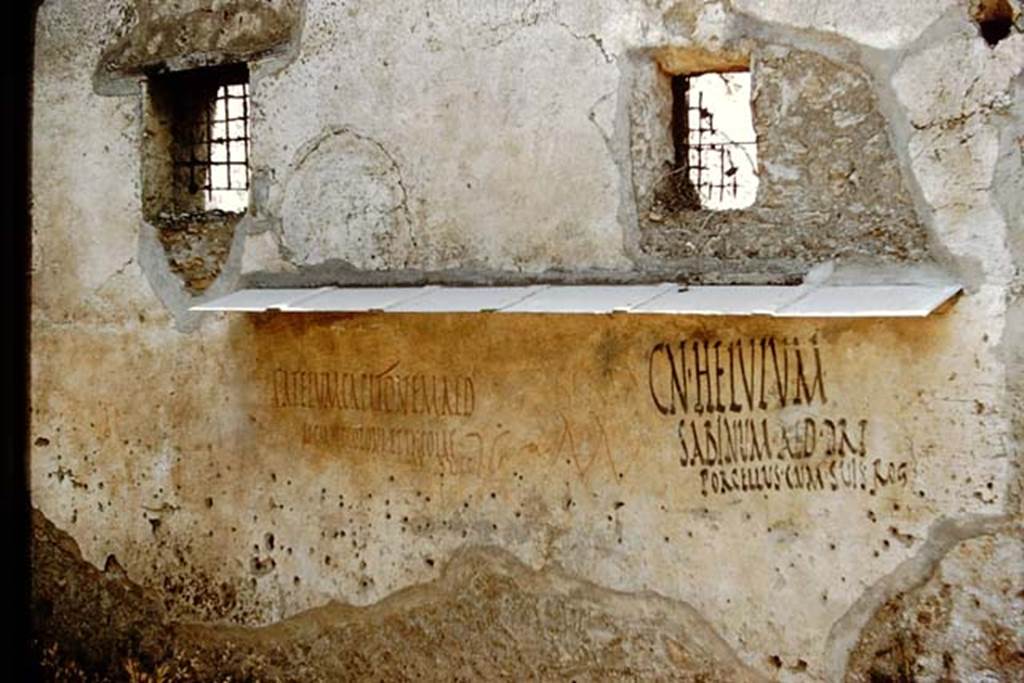 1.14.7/8 Pompeii. 1959. Graffiti on exterior front façade between I.14.7 and I.14.8.
Photo by Stanley A. Jashemski.
Source: The Wilhelmina and Stanley A. Jashemski archive in the University of Maryland Library, Special Collections (See collection page) and made available under the Creative Commons Attribution-Non Commercial License v.4. See Licence and use details.
J59f0510