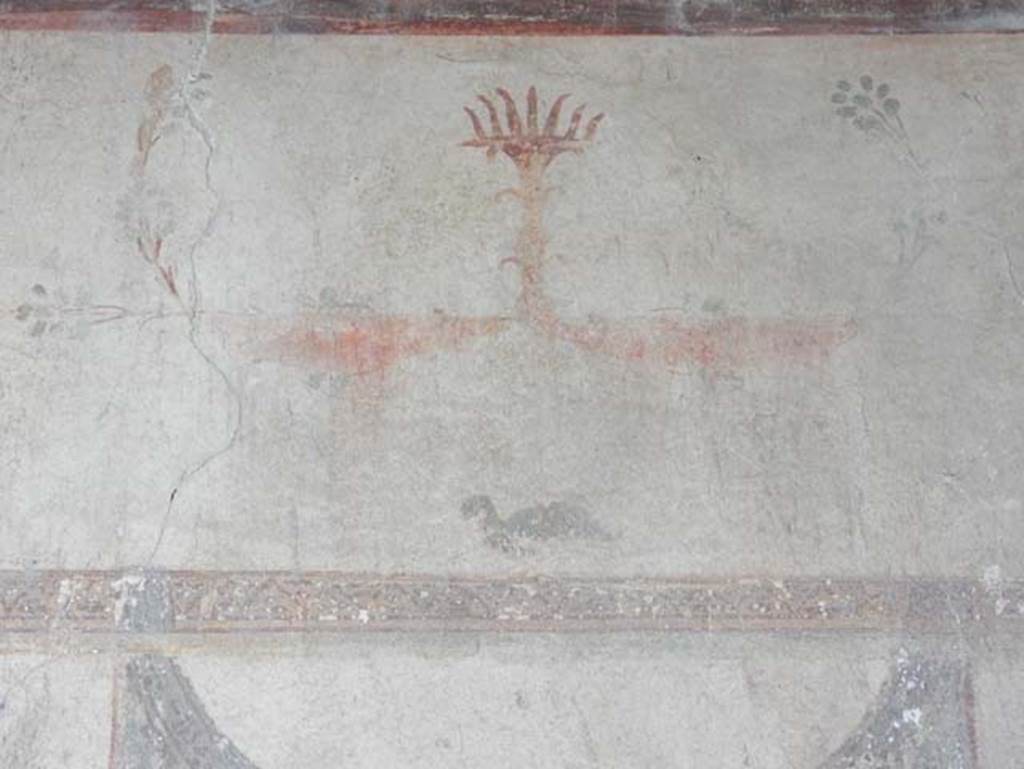 I.14.12, Pompeii. May 2018. Room 2, detail from upper central panel on north wall. 
Photo courtesy of Buzz Ferebee