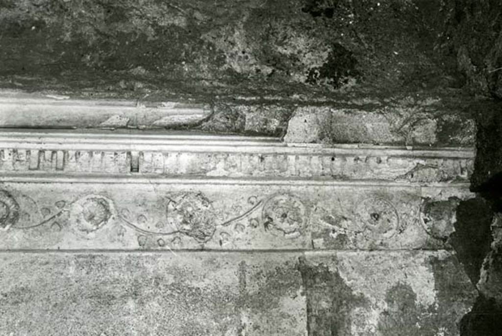 I.15.3 Pompeii. 1972. Room 6. House of Ship Europa, W cubiculum, E wall, detail of rosettes (SE corner).  Photo courtesy of Anne Laidlaw.
American Academy in Rome, Photographic Archive. Laidlaw collection _P_72_17_13.
