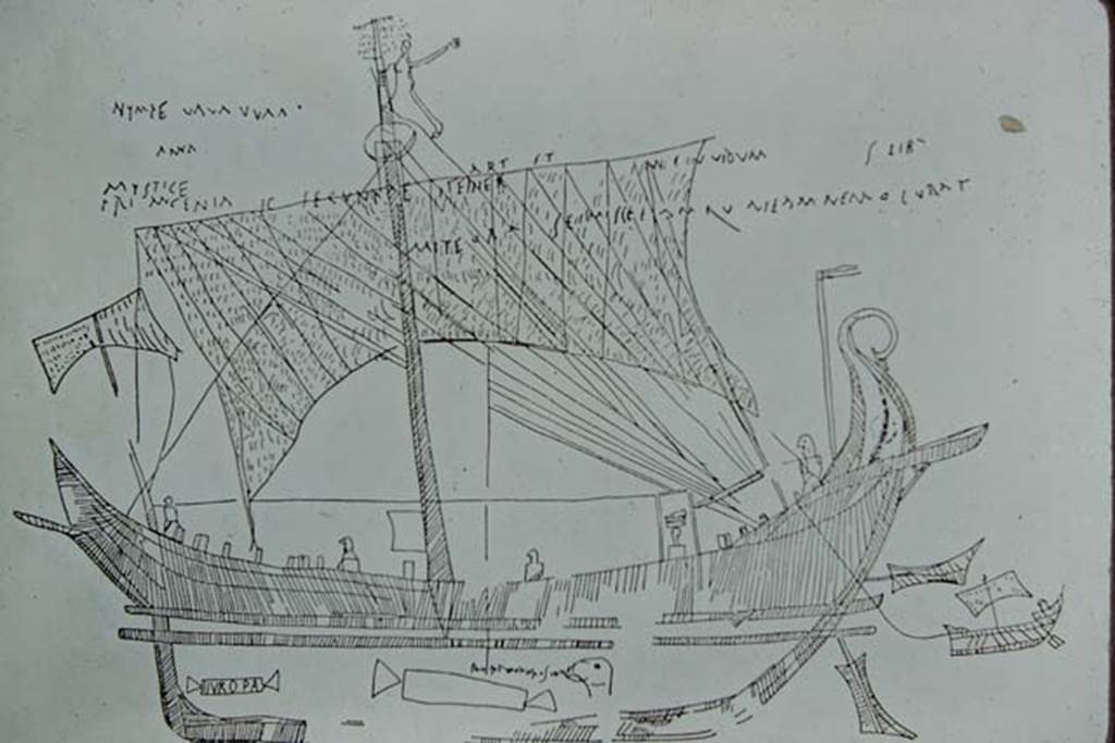 I.15.3 Pompeii. 1972. North wall of portico 10. Drawing of ship Europa, and graffiti. Photo by Stanley A. Jashemski. 
Source: The Wilhelmina and Stanley A. Jashemski archive in the University of Maryland Library, Special Collections (See collection page) and made available under the Creative Commons Attribution-Non-Commercial License v.4. See Licence and use details.
J72f0787