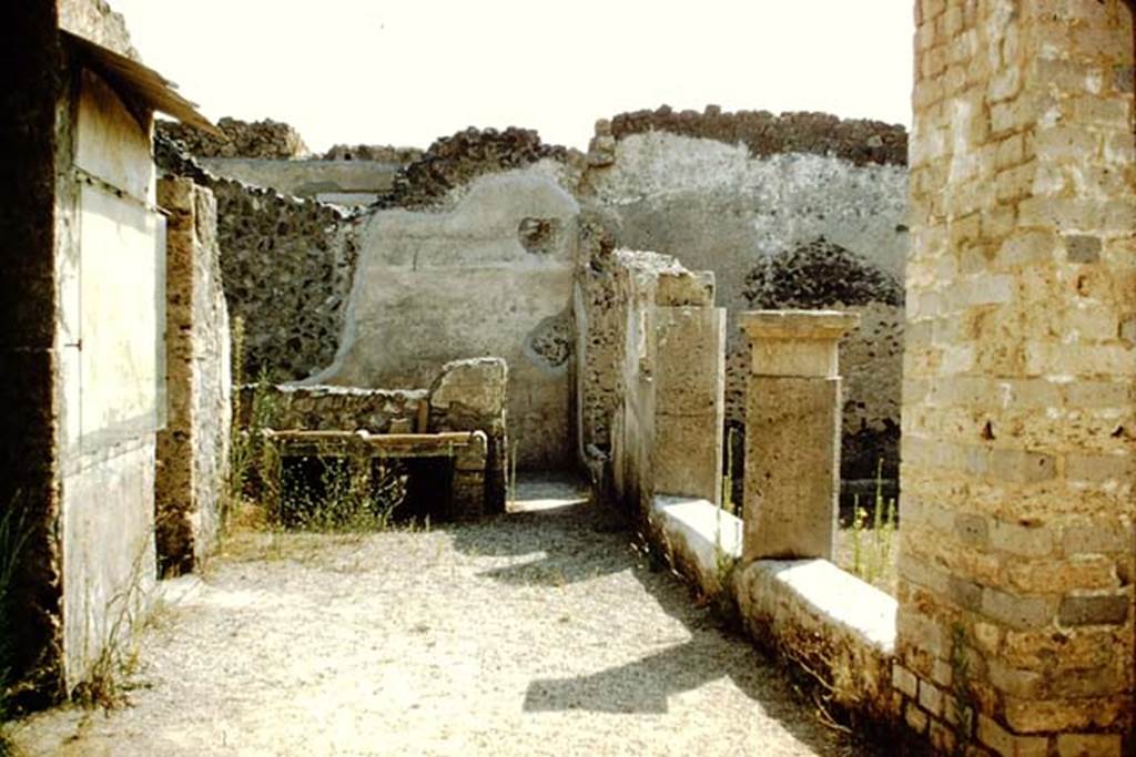 I.15.3 Pompeii. 1959. Looking east along north portico 10 of peristyle 13. The doorway on the left leads to room 3 and entrance I.15.2.
The graffito of the ship Europa can be seen behind the plastic screen, on the left.
Photo by Stanley A. Jashemski.
Source: The Wilhelmina and Stanley A. Jashemski archive in the University of Maryland Library, Special Collections (See collection page) and made available under the Creative Commons Attribution-Non Commercial License v.4. See Licence and use details.
J59f0202