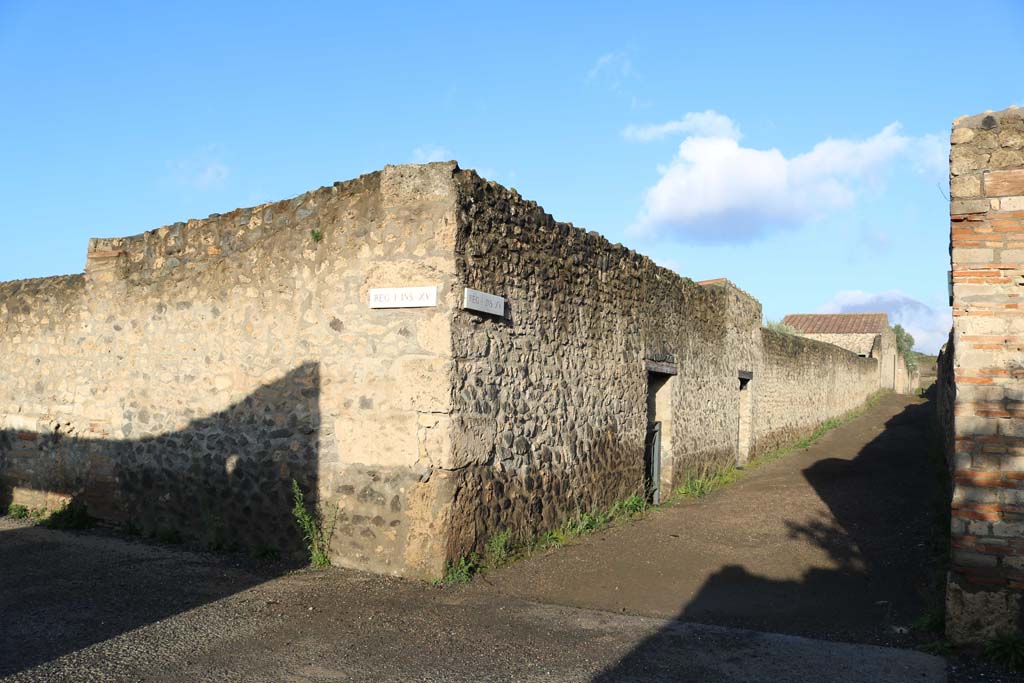 I.15.5 Pompeii. December 2018. 
Looking north to west side of Vicolo dei Fuggiaschi, and doorways to I.15.5 and I.15.6, from junction with Via della Palestra. 
Photo courtesy of Aude Durand.