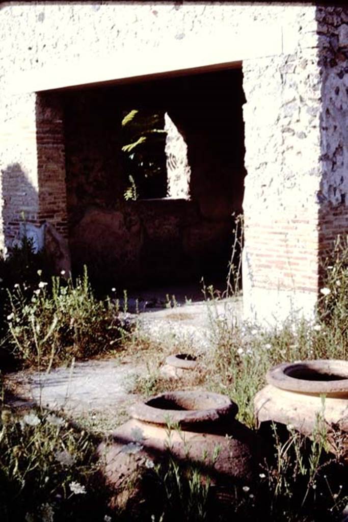 I.20.1 Pompeii. 1966. Looking north-east to small room, with large dolium buried in the soil at the edge of the soil, and two further dolia nearby.  Photo by Stanley A. Jashemski.
Source: The Wilhelmina and Stanley A. Jashemski archive in the University of Maryland Library, Special Collections (See collection page) and made available under the Creative Commons Attribution-Non Commercial License v.4. See Licence and use details.
J66f1039