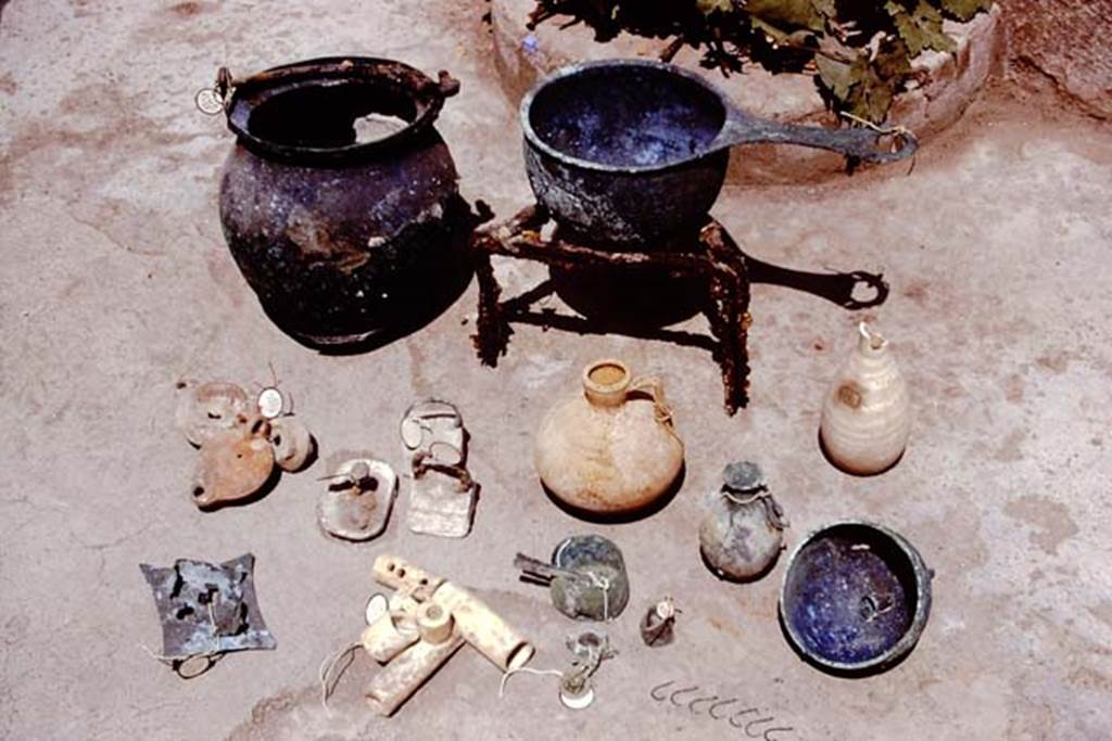 I.20.5 Pompeii. 1973.  Variety of objects found. Photo by Stanley A. Jashemski. 
Source: The Wilhelmina and Stanley A. Jashemski archive in the University of Maryland Library, Special Collections (See collection page) and made available under the Creative Commons Attribution-Non Commercial License v.4. See Licence and use details. J73f0579