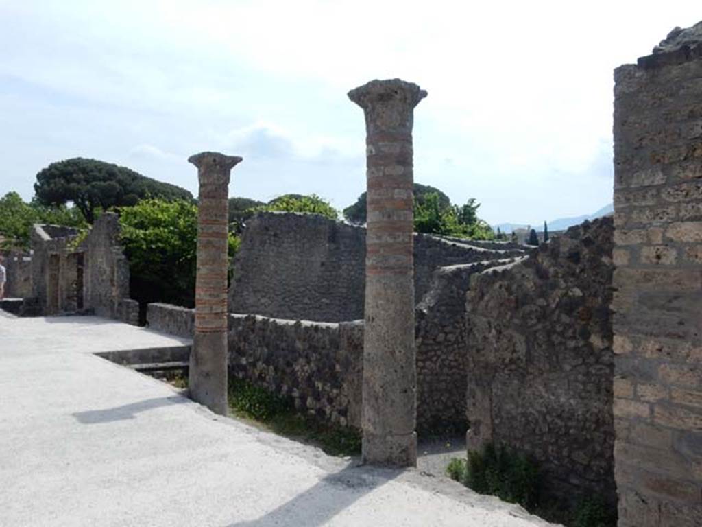 I.21.1 Pompeii. May 2017. Columns and steps, looking east on Via della Palestra.
Photo courtesy of Buzz Ferebee.
