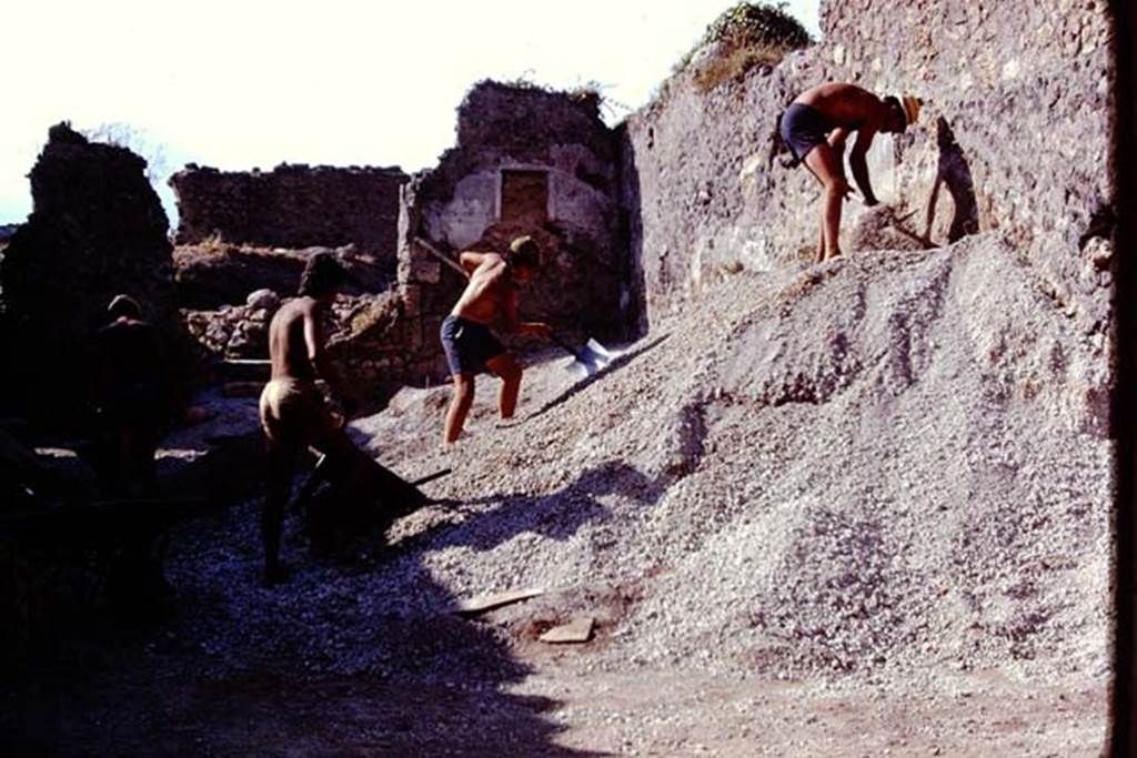 I.21.3 Pompeii. 1974. Clearing the lapilli from near the east wall, looking north. Photo by Stanley A. Jashemski.   
Source: The Wilhelmina and Stanley A. Jashemski archive in the University of Maryland Library, Special Collections (See collection page) and made available under the Creative Commons Attribution-Non Commercial License v.4. See Licence and use details. J74f0293