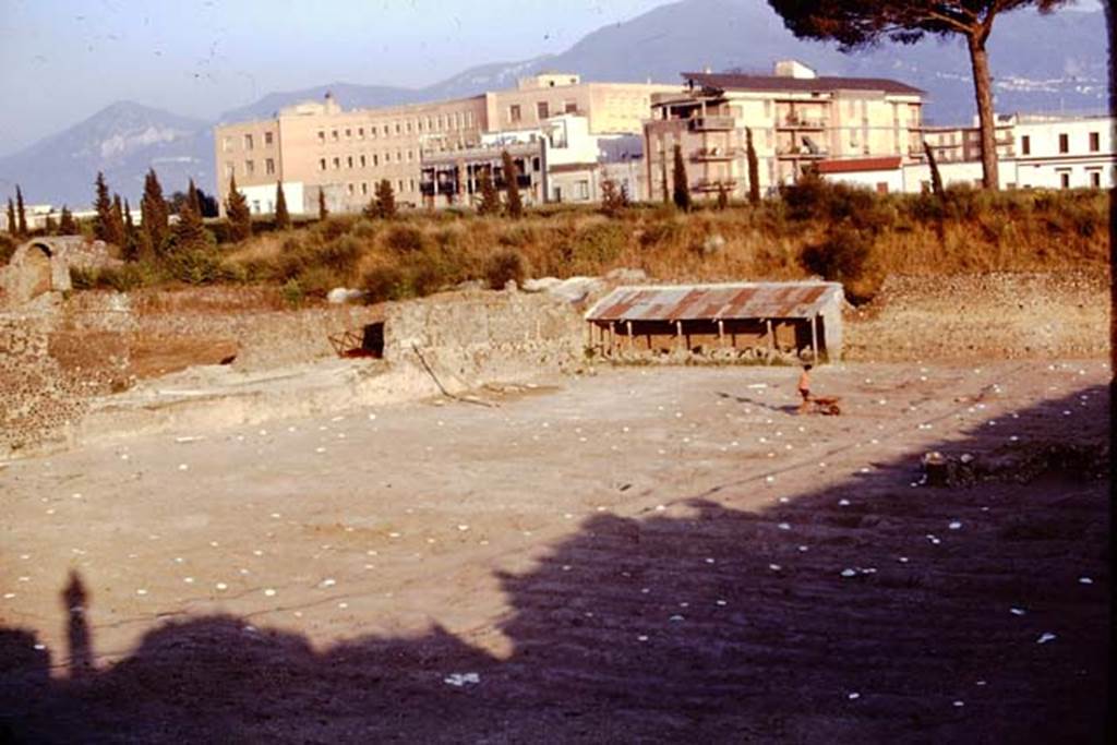I.21.6 Pompeii. 1974. Looking south-east across site. The root cavities are now covered with painted white discs, to make them easier to see from the balloon, photographing from the air. Photo by Stanley A. Jashemski.   
Source: The Wilhelmina and Stanley A. Jashemski archive in the University of Maryland Library, Special Collections (See collection page) and made available under the Creative Commons Attribution-Non Commercial License v.4. See Licence and use details. J74f0695
