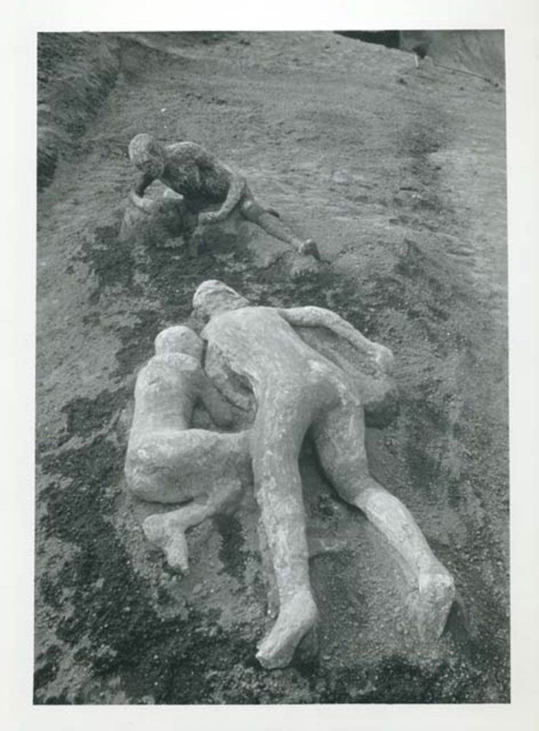 I.21.6 Pompeii. 1961. Press photo. 
Photo courtesy of Rick Bauer.
See also I.21.6, part 3.
The rear of the photo has the title “Victims of the eruption, 69AD”.
(Note, wrong date).