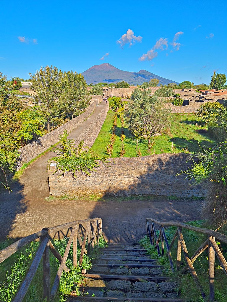 I.21 Pompeii. October 2024. 
Looking north along west side of insula and Vicolo della Nave Europa. Photo courtesy of Giuseppe Ciaramella.