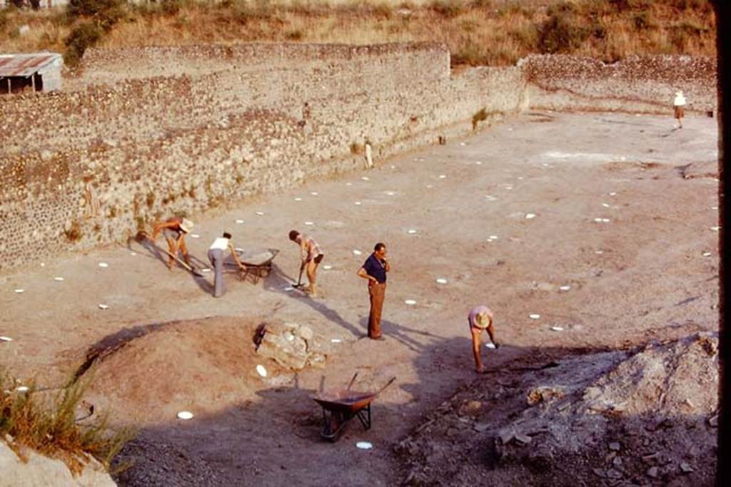 I.22 Pompeii. 1974. Looking south across site, with painted spheres marking the root cavities, which would be visible from the “balloon”.  Photo by Stanley A. Jashemski.   
Source: The Wilhelmina and Stanley A. Jashemski archive in the University of Maryland Library, Special Collections (See collection page) and made available under the Creative Commons Attribution-Non Commercial License v.4. See Licence and use details. J74f0412