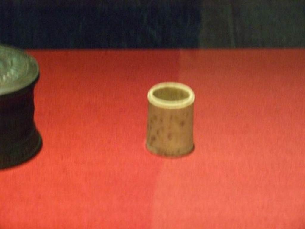 II.1.2 Pompeii.  Bone pot used for holding cosmetic products.  SAP 10390.
The sides are decorated with grooves.  The lid (not exhibited) also has a concentric groove.   Photographed at “A Day in Pompeii” exhibition at Melbourne Museum.  September 2009.  See D’Ambrosio, A., 2001. Women and Beauty in Pompeii. Roma: Bretschneider. (p. 26).