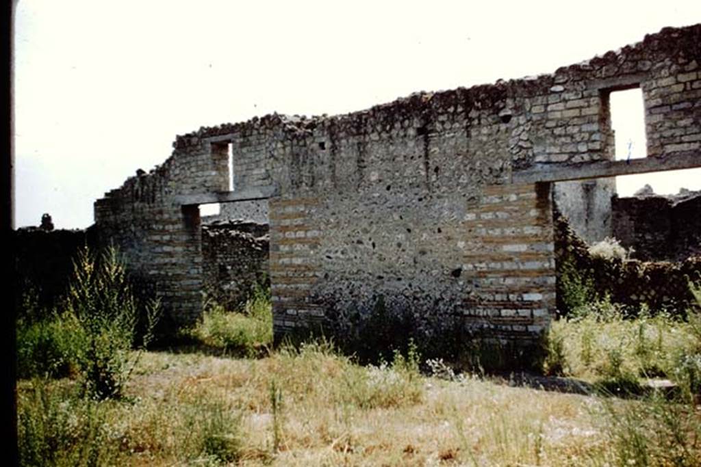 II.1.7 Pompeii. 1961. Looking south-west across garden towards the west wall, with rear doorway from house on left, and linked doorway to II.1.3 and II.1.4, on right. Photo by Stanley A. Jashemski.
Source: The Wilhelmina and Stanley A. Jashemski archive in the University of Maryland Library, Special Collections (See collection page) and made available under the Creative Commons Attribution-Non Commercial License v.4. See Licence and use details.
J61f0642