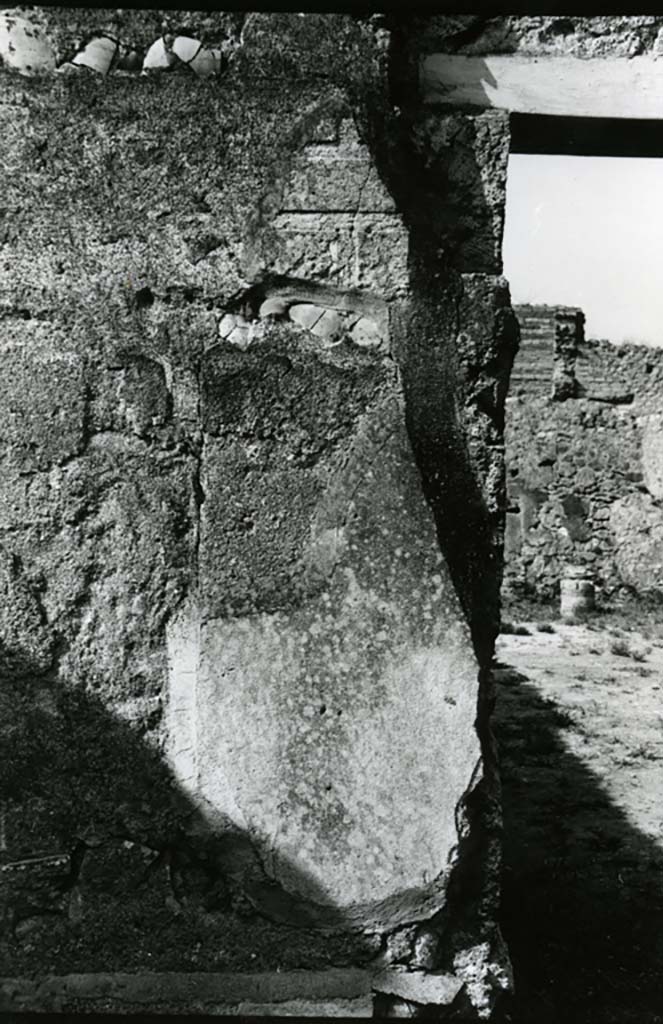 II.1.11/12 Pompeii. 1975. 
Oblong room behind garden, SW of peristyle, detail of N wall on west side of doorway.  
Photo courtesy of Anne Laidlaw.
American Academy in Rome, Photographic Archive. Laidlaw collection _P_75_5_27.