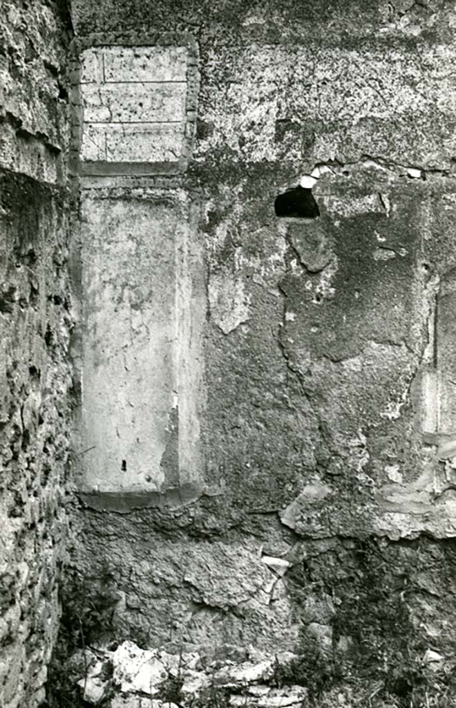 II.1.11/12 Pompeii. 1974. 
House, oblong room SW of peristyle, N wall by NW corner, detail. Photo courtesy of Anne Laidlaw.
American Academy in Rome, Photographic Archive. Laidlaw collection _P_74_1_31.